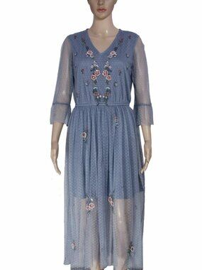 Anthropologie Mesh Dot Embroidered Beaded Long Sleeve Blue Maxi Dress New S